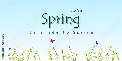 Hello spring typography. Lettering spring season with grass and butterfly for greeting card, invitation template, vintage banner, poster, background and label tag spring sale.