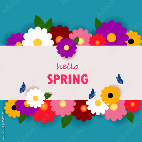 Hello spring typography. Lettering spring season with daisy flower is colorful and leaf for greeting card, invitation template, retro, vintage banner, poster, background and label tag spring sale. © AnnieS