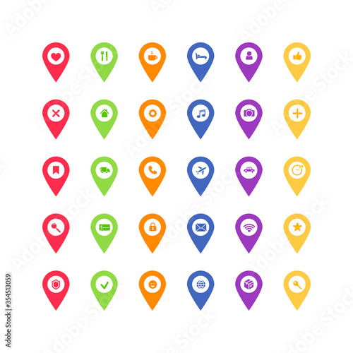 Map pointer flat pin vector icon set. Color geotag location point with home, bank, transport, social media symbols isolated on white background. Vector illustration for web, apps, infographics
