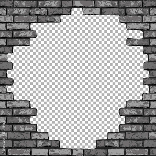 Vintage realistic broken brick wall transparent background. Black hole in flat wall texture. Gray textured brickwork for web, design, decor, background. Vector illustration