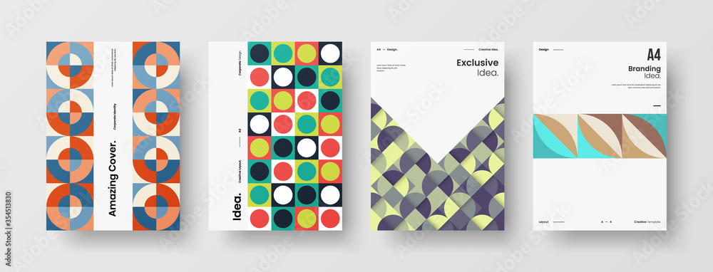 Fototapeta premium Company identity brochure template collection. Business presentation vector A4 vertical orientation front page mock up set. Corporate report cover abstract geometric illustration design layout bundle.