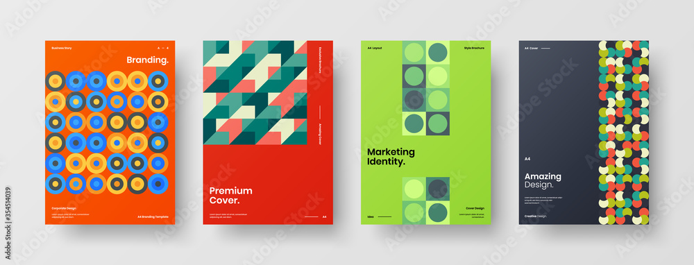 Fototapeta premium Company identity brochure template collection. Business presentation vector A4 vertical orientation front page mock up set. Corporate report cover abstract geometric illustration design layout bundle.