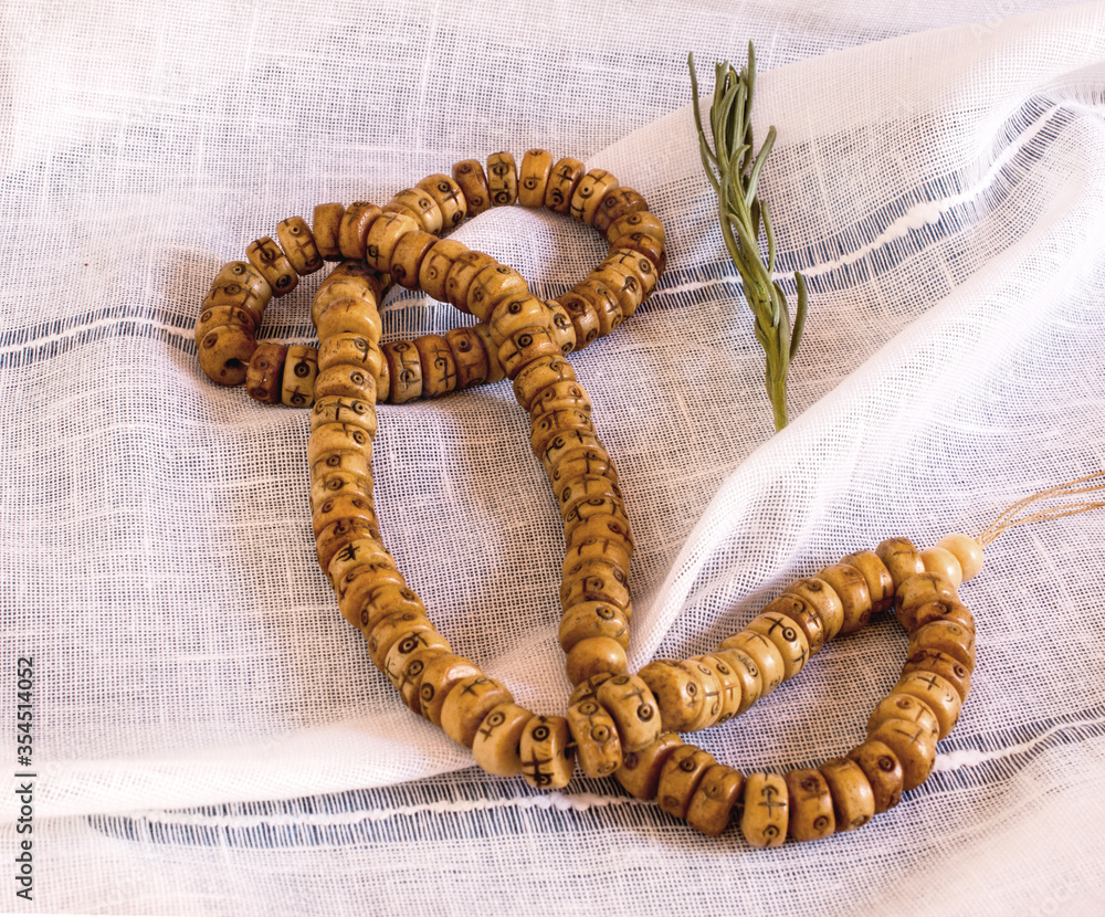 Naklejka premium Tibetan Buddhist rosary, called mala or japamala