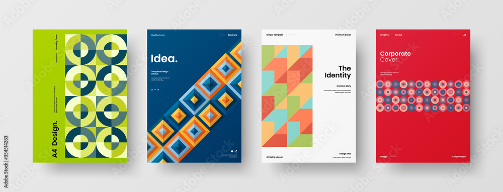 Fototapeta premium Company identity brochure template collection. Business presentation vector A4 vertical orientation front page mock up set. Corporate report cover abstract geometric illustration design layout bundle.