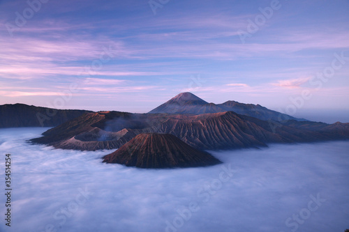 Bromo mountain with fog layer at sunrise, East Java, Indonesia