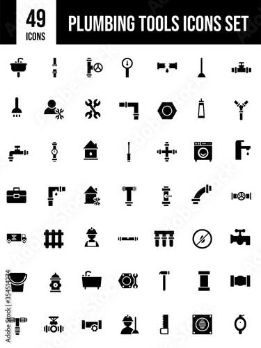 B&W Illustration of Plumbing Icon Set.