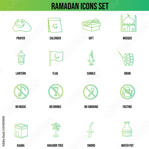 Holy Month Ramadan Islamic Festival Icon Set in Green Line art.
