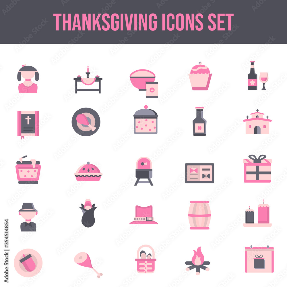 Pink and Gray Thanksgiving Icon Set in Flat Style. Pink and Gray Thanksgiving Icon Set in Flat Style.
