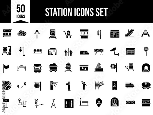 Flat Style Station Icon Set in B&W Color.