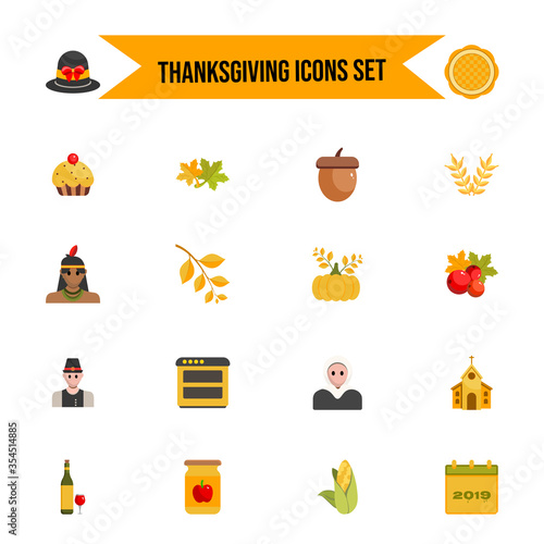 Thanksgiving Colorful Icon Set on White Background.