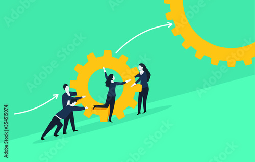 People team with gears - business management and working process conceptual vector illustration