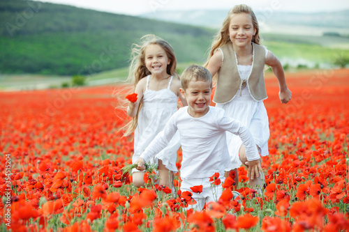 Children have fun playing in nature. Beautiful children in a field with flowers. © nuzza11
