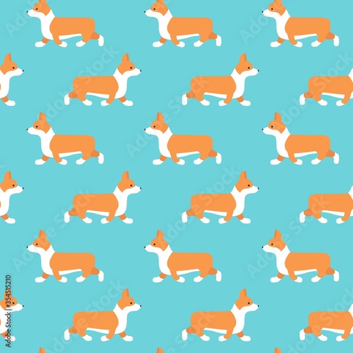 Funny running welsh corgi seamless pattern on blue background