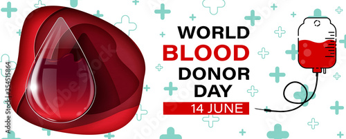 Blood droplet in glassware style on abstract holes and the day  name of event on pink plus icon pattern and white background. Poster campaign of World Blood Donor Day in paper cut and flat design.