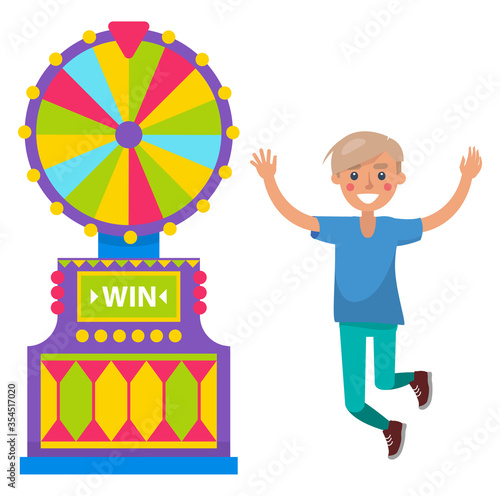Guy spinning colorful wheel of fortune. Excited and happy young man winning money in casino isolated on white. Game of chance, taking risks, male gambler vector