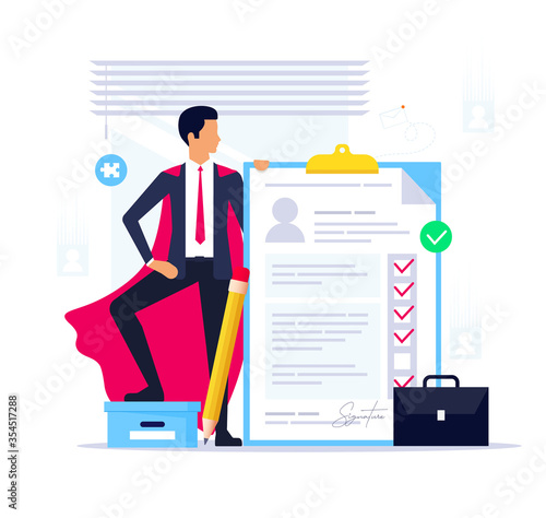 Best cv candidate. Recruitment agency. Super suitable candidate for a vacant seat. Superman in a suit with a resume looking for a new job.