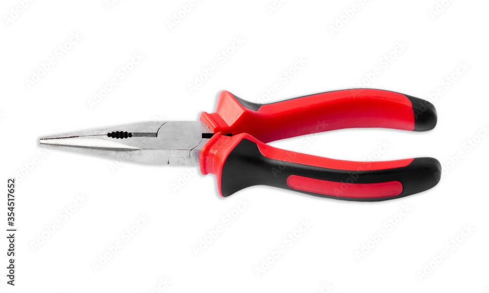 Metal pliers with red and black rubber handle against isolated on white background Metal pliers with red and black rubber handle against isolated on white background