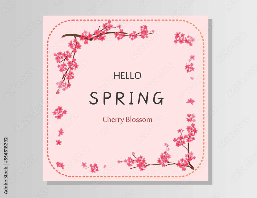 Hello spring with cherry blossom flower is the season for label tag spring sale , greeting card, invitation template, banner, poscard and wallpaper.