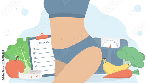 Healthy lifestyle, weight loss and nutrition consultation concept. Woman body with diet plan on clipboard, weight scale, measuring tape, fruits and vegetables on background.