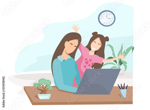 Flat vector illustration. During quarantine, a woman works from home. During a video call, the girl runs into the room. The child is preventing mom from working. Work on maternity leave.