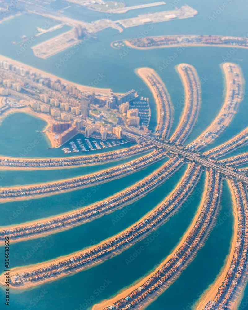 Aerial close up view of branches of man made Palm Jumeirah islands in