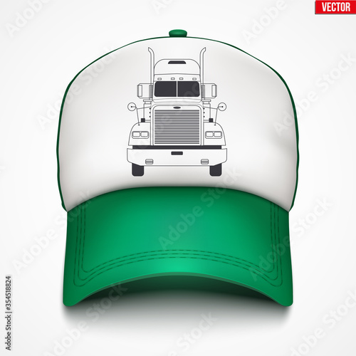 Layouts of trucker cap with truck label. A template simple example cap. Element of service apparel clothes. Front view. Editable Vector Illustration isolated on white background.