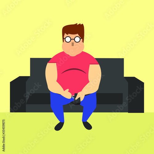 Vector illustration, big boy, man  watch tv,  young, overweight, 
remote controller