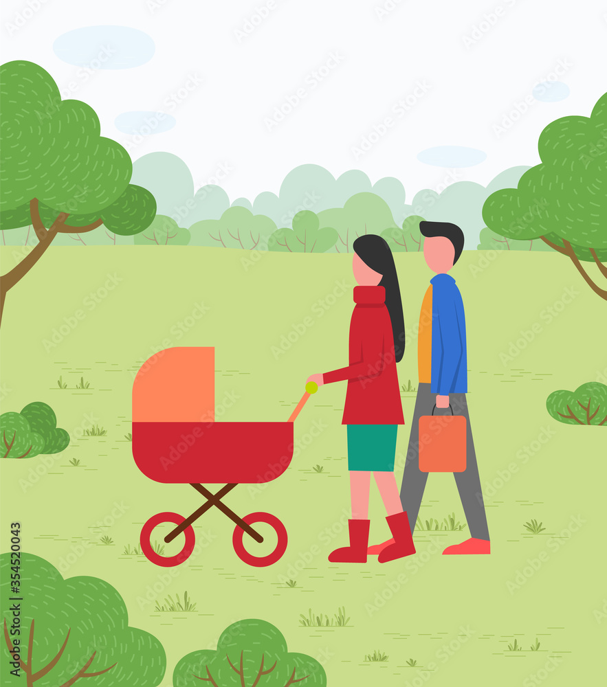 Parents walking with infant near trees, woman going with pram. Family leisure in green park, mother and father with stroller outdoor, parenting vector