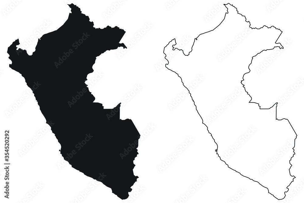 Peru Country Map. Black silhouette and outline isolated on white background. EPS Vector
