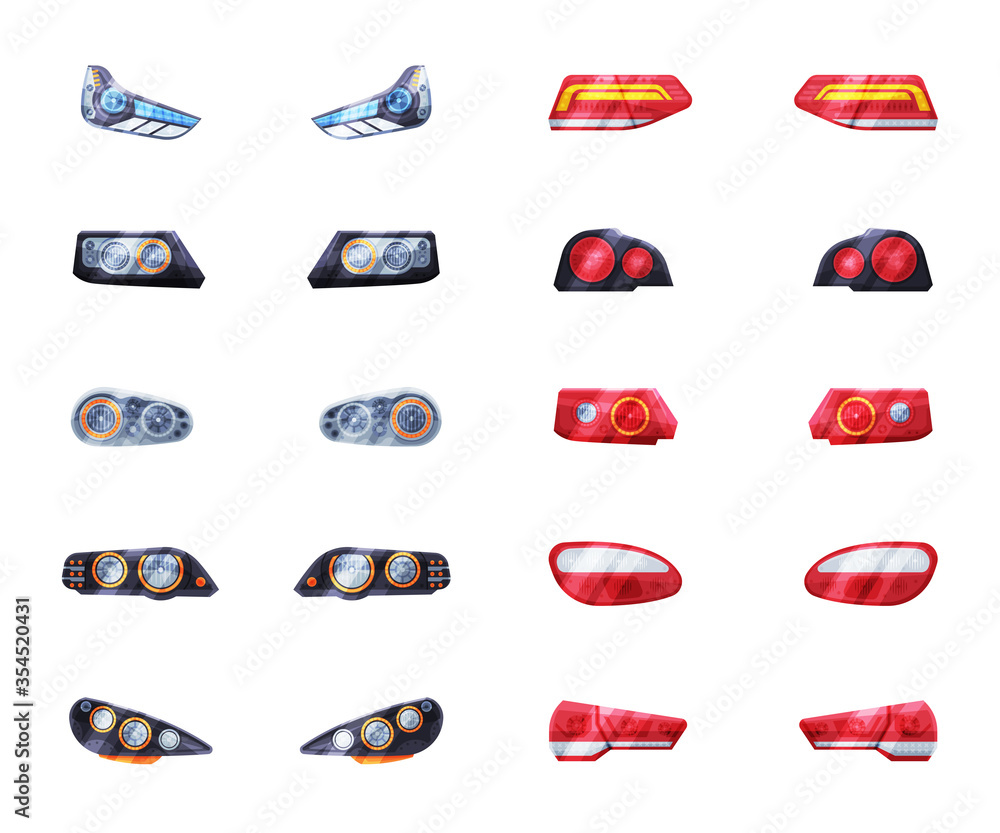 Automotive Car Headlights Set, Front and Rare Led Headlamps Flat Style Vector Illustration on White Background - obrazy, fototapety, plakaty 