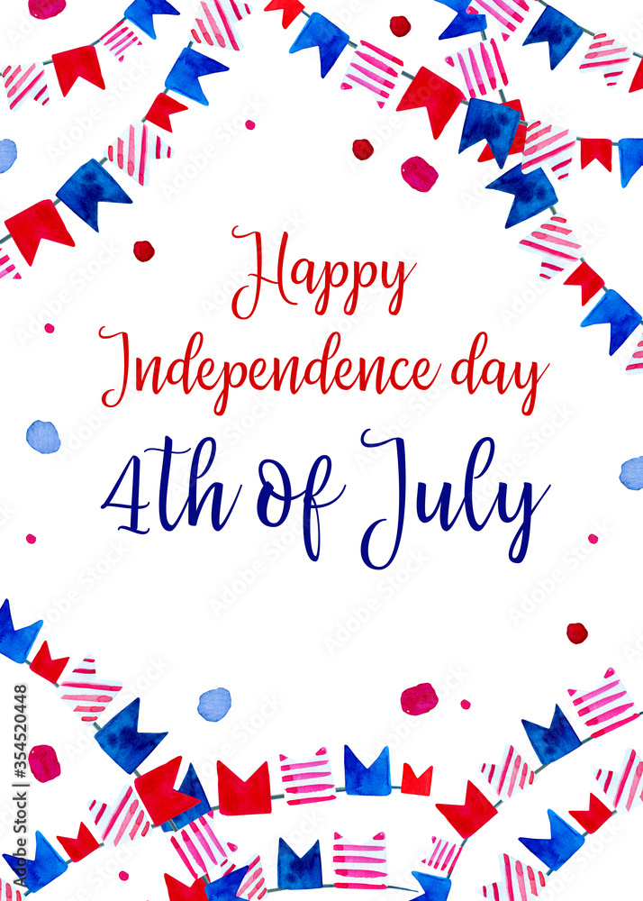 4th of July design template. USA Independence day. Composition with flags in colors of national flag. Hand drawn watercolor sketch illustration 4th of July design template. USA Independence day. Composition with flags in colors of national flag. Hand drawn watercolor sketch illustration