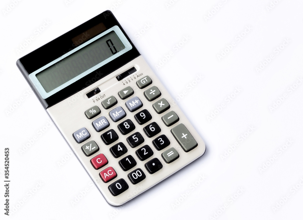 Calculator on white background, Top view Calculator on white background, Top view