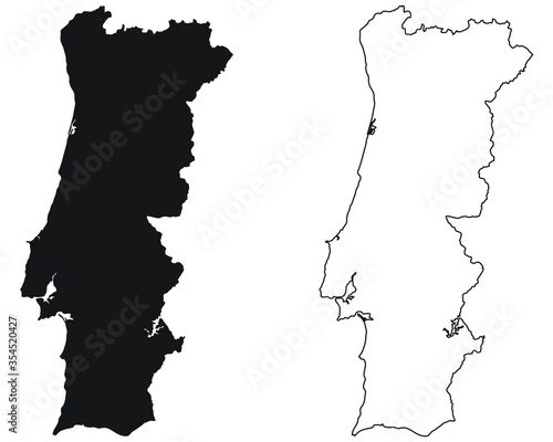Portugal Country Map. Black silhouette and outline isolated on white background. EPS Vector