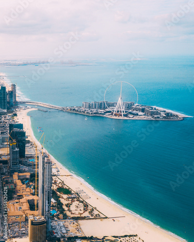 Aerial view of Dubai eye; the world's largest Ferris wheel on the beach side of Jumeirah Beach Road and Dubai Marina
