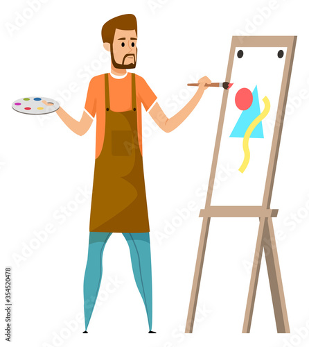 Man painting picture by watercolor paints isolated cartoon character. Vector guy painting on canvas at tripod, person artist in apron, bearded guy and art hobby