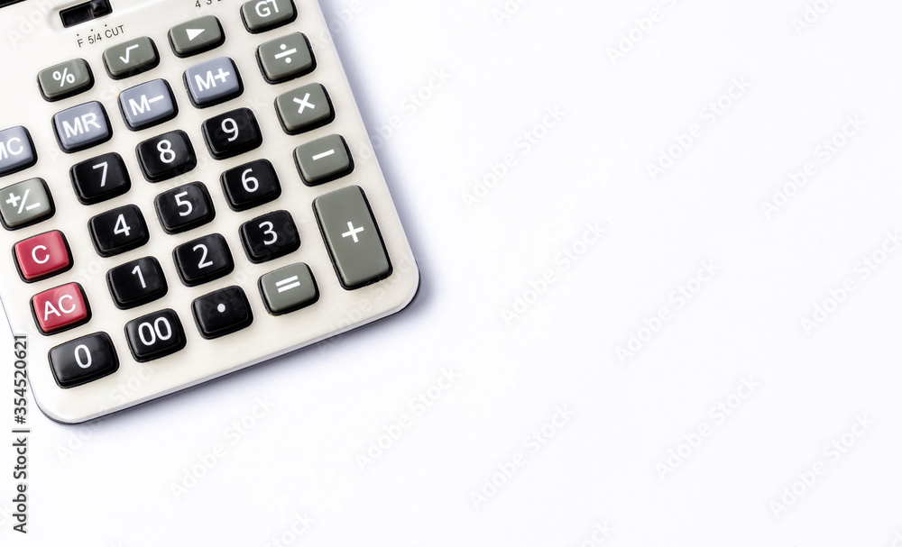 Calculator on white background, Top view Calculator on white background, Top view
