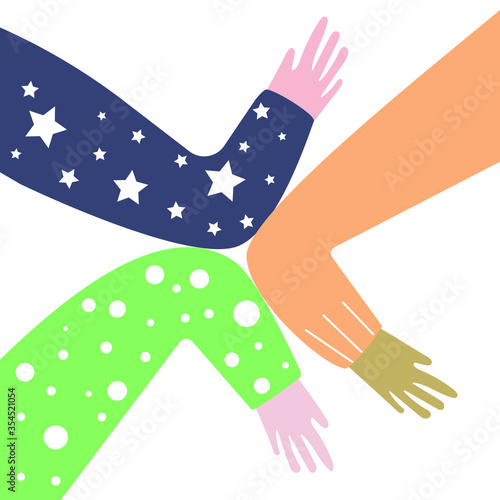 Supporting hands of people in quarantine. Elbows together, partnership, teamwork, social distancing concept. Flat vector illustration.