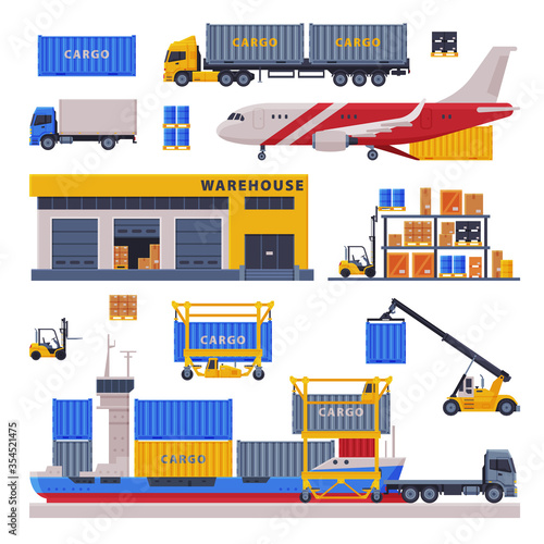 Logistic and Delivery Set, Warehouse Storage Building and Cargo Freight Transportation Vehicles Flat Style Vector Illustration on White Background