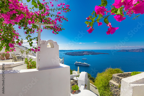 Fototapeta Naklejka Na Ścianę i Meble -  White architecture on Santorini island, Greece. Beautiful summer landscape, sea view. Summer travel destination, romantic freedom vacation background. Amazing colors, tranquil, inspirational landscape