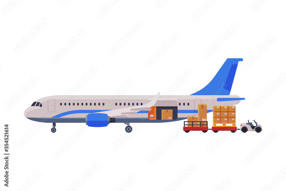Cargo Jet Airplane, Freight Cargo Transport with Cardboard Boxes and