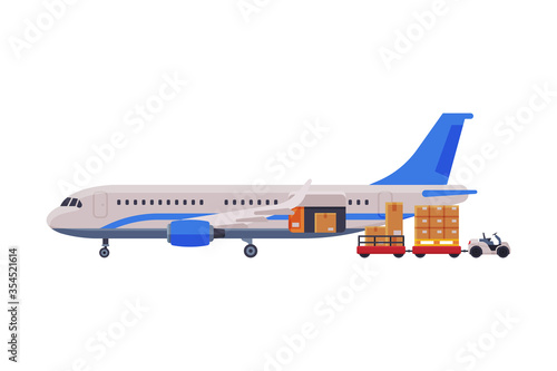 Cargo Jet Airplane, Freight Cargo Transport with Cardboard Boxes and Forklift Flat Style Vector Illustration on White Background
