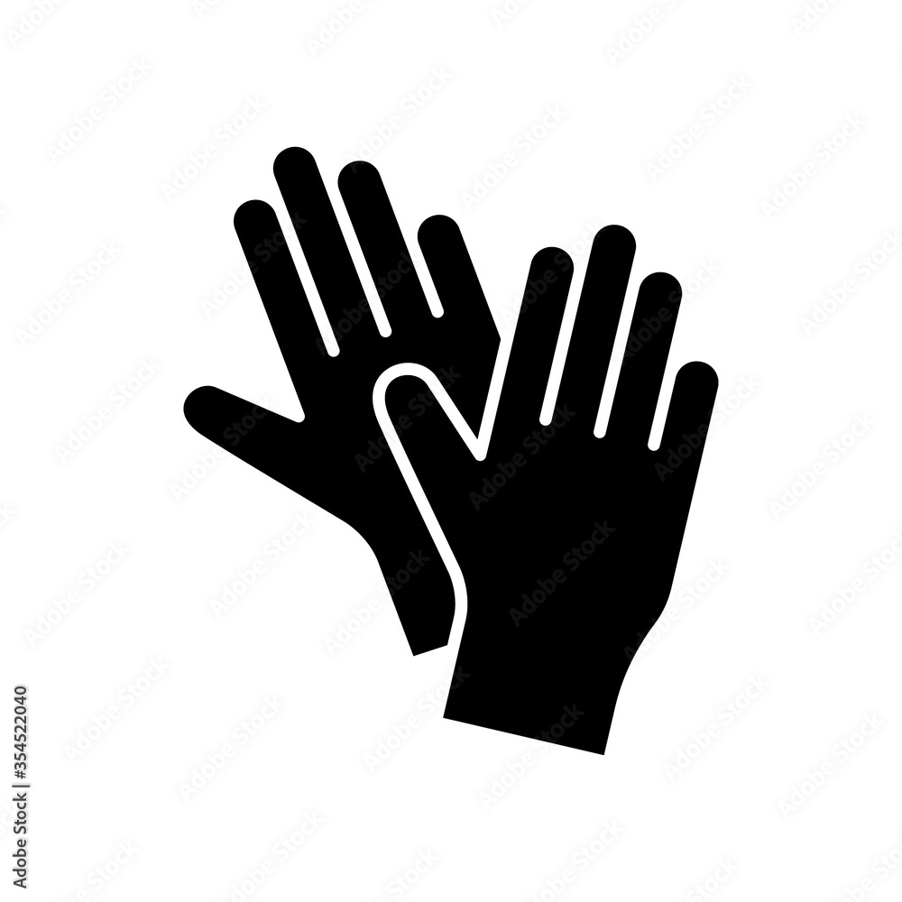 Silhouette Pair of latex gloves for packaging design. Outline icon of two hands. Black simple illustration of disposable medical protection against virus. Flat isolated vector image, white background Silhouette Pair of latex gloves for packaging design. Outline icon of two hands. Black simple illustration of disposable medical protection against virus. Flat isolated vector image, white background