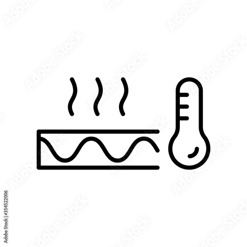 In-floor warming system. Section of floor with heating cable, thermometer and hot air. Linear icon of thermomat. Contour isolated vector illustration on white background