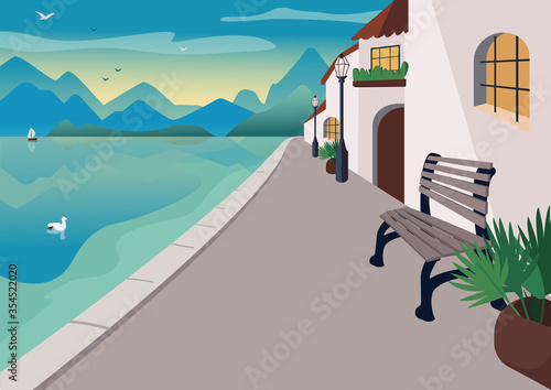 Seaside resort town flat color vector illustration