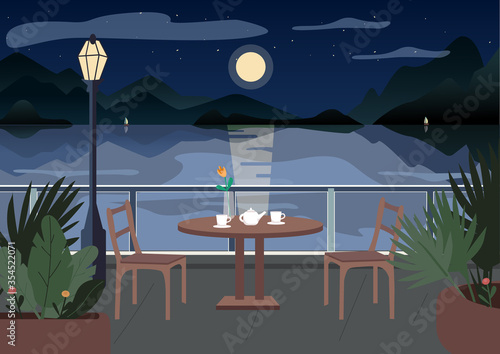 Street restaurant at night flat color vector illustration