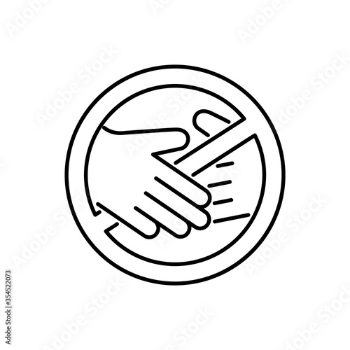 No touch emblem. Contactless delivery icon. Linear symbol of handshake ban. Contour isolated vector illustration on white background