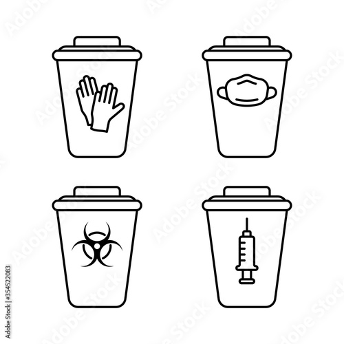 Set of medical waste containers. Special box for disinfection or utilization of disposable gloves, face mask, syringe, biohazard. Linear emblem of trash can with lid. Contour isolated vector icon