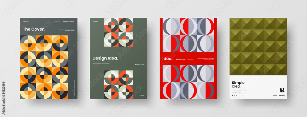 Naklejka premium Company identity brochure template collection. Business presentation vector A4 vertical orientation front page mock up set. Corporate report cover abstract geometric illustration design layout bundle.