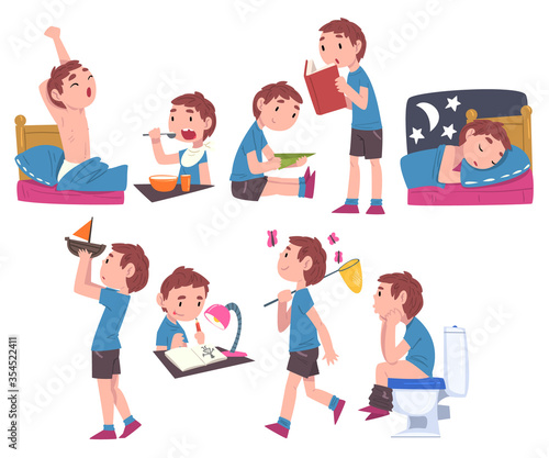 Cute Boy Daily Routine Activities Set, Child Waking Up, Eating Breakfast, Playing with Toys, Reading Book, Peeing, Sleeping at Night Cartoon Style Vector Illustration