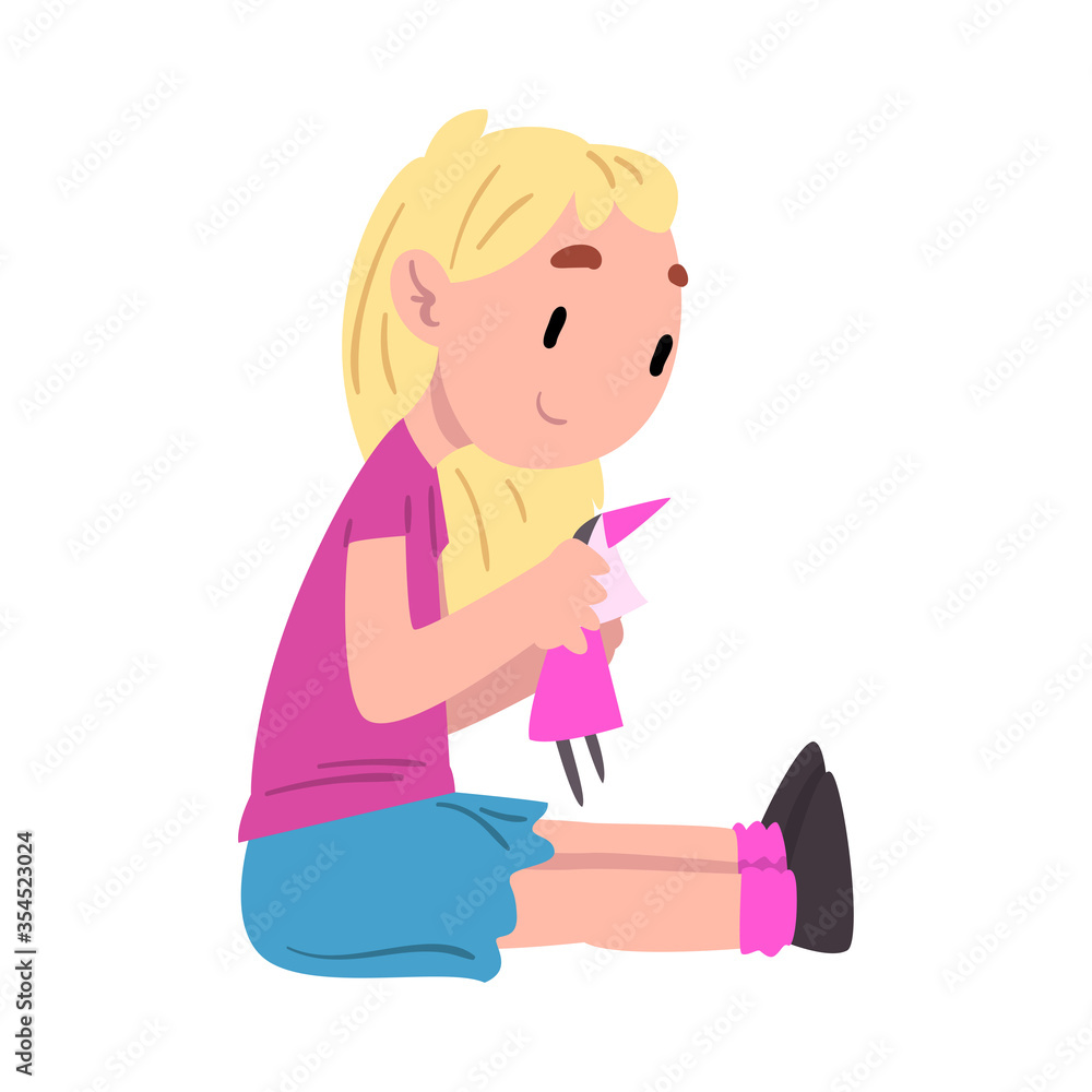 Cute Little Girl Sitting on the Floor and Playing with Her Doll, Child Daily Routine Activity Cartoon Style Vector Illustration on White Background